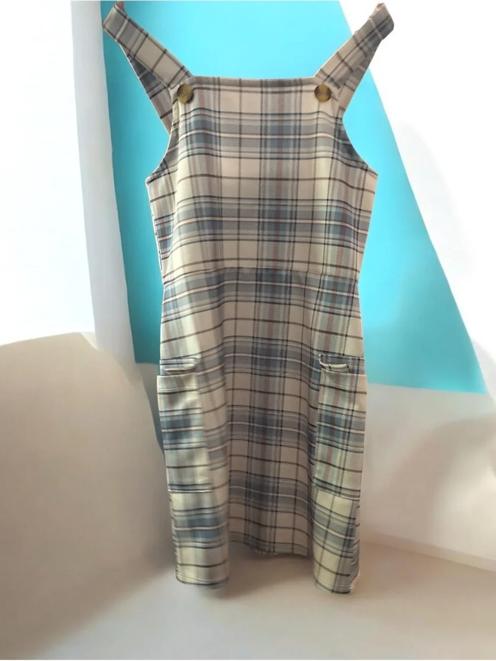 Plaid Pinafore Dress in Cream and Blue
